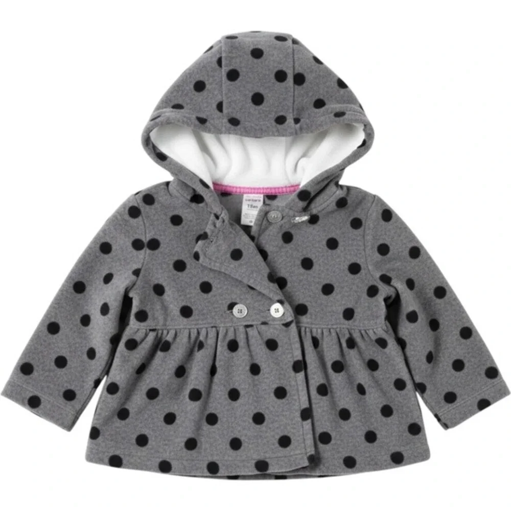Carters Baby Girls Gray Black Polka Dot Fleece Hooded Peacoat Jacket 18M NWT‎